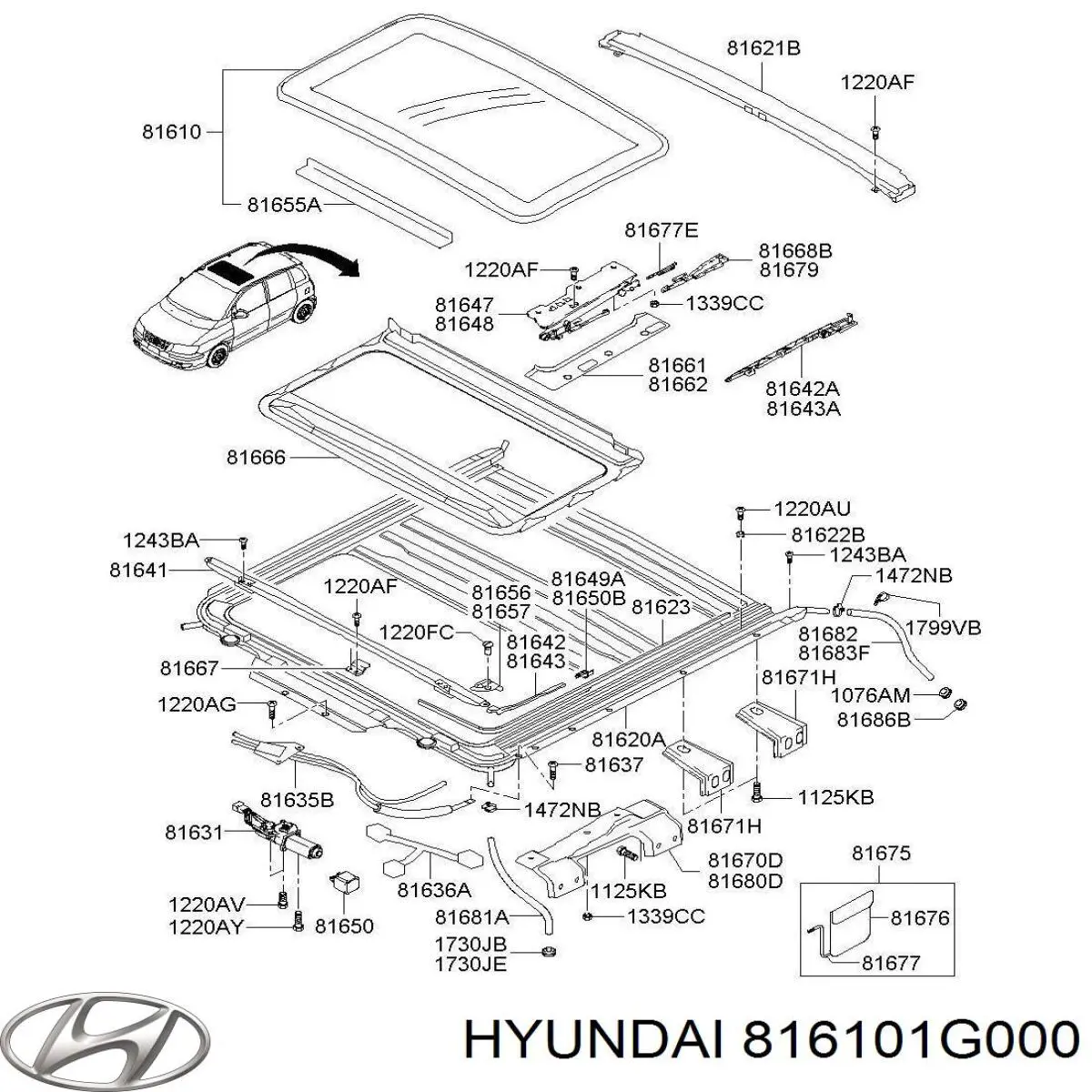 816101G000 Hyundai/Kia tampa de alcapão do teto
