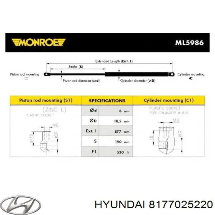 Амортизатор багажника 8177025220 Hyundai/Kia