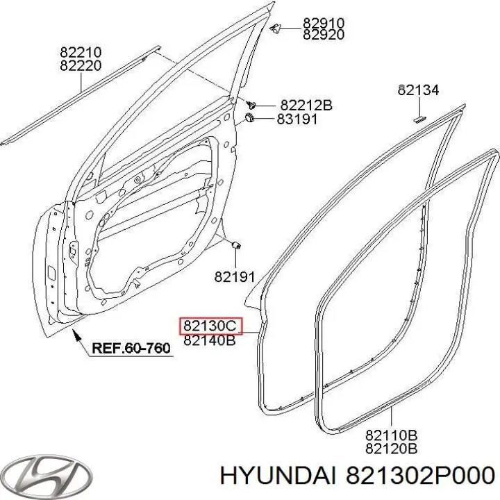 821302P000 Hyundai/Kia уплотнитель двери передней левой (на двери)