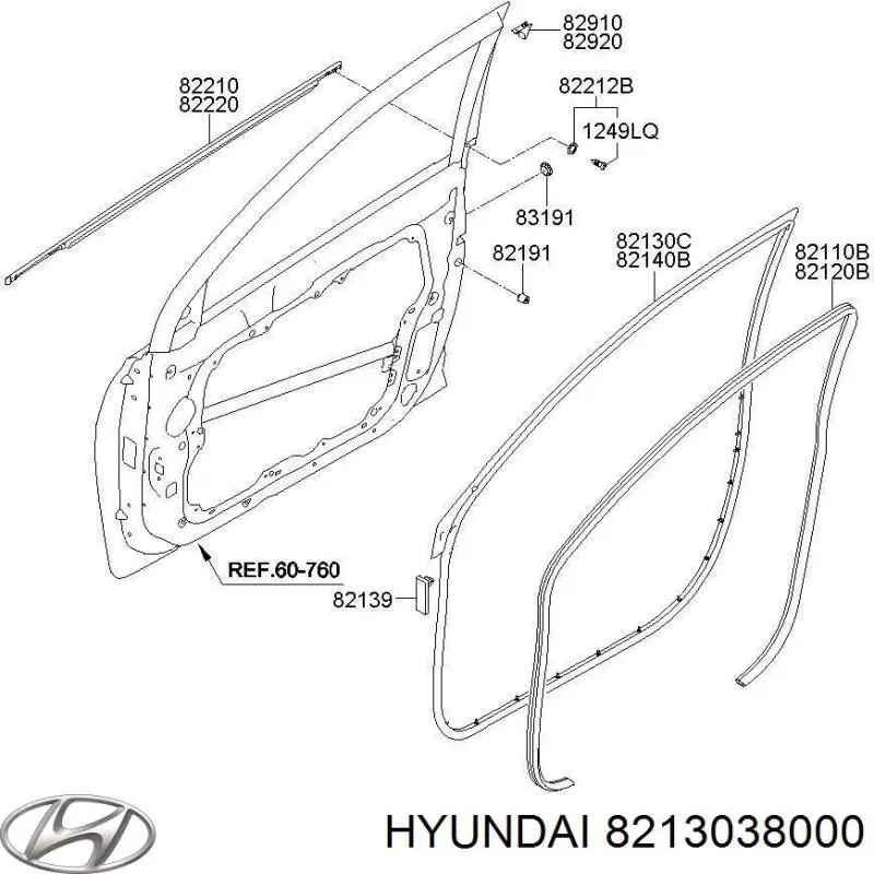 Купить 8213038000 Hyundai/Kia Уплотнитель двери передней левой (на двери)