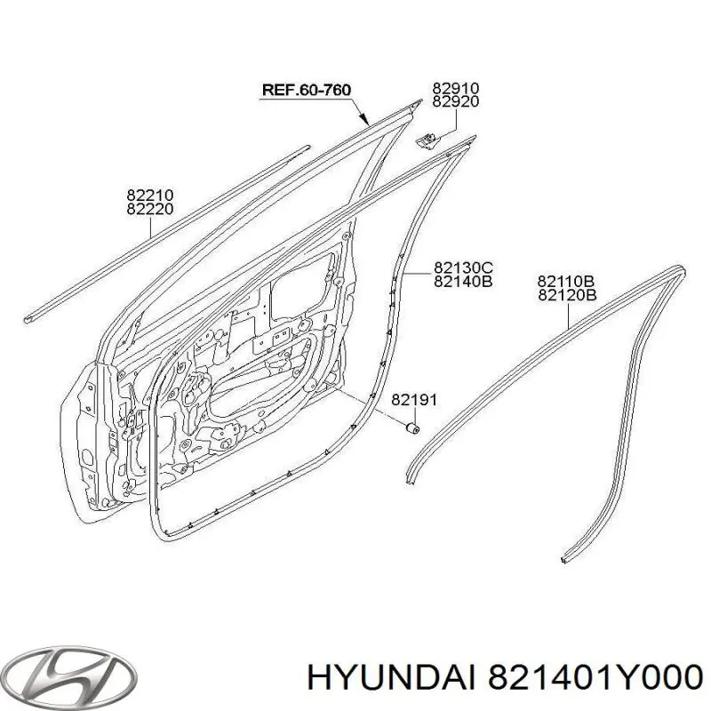 821401Y000 Hyundai/Kia уплотнитель двери передней правой (на двери)