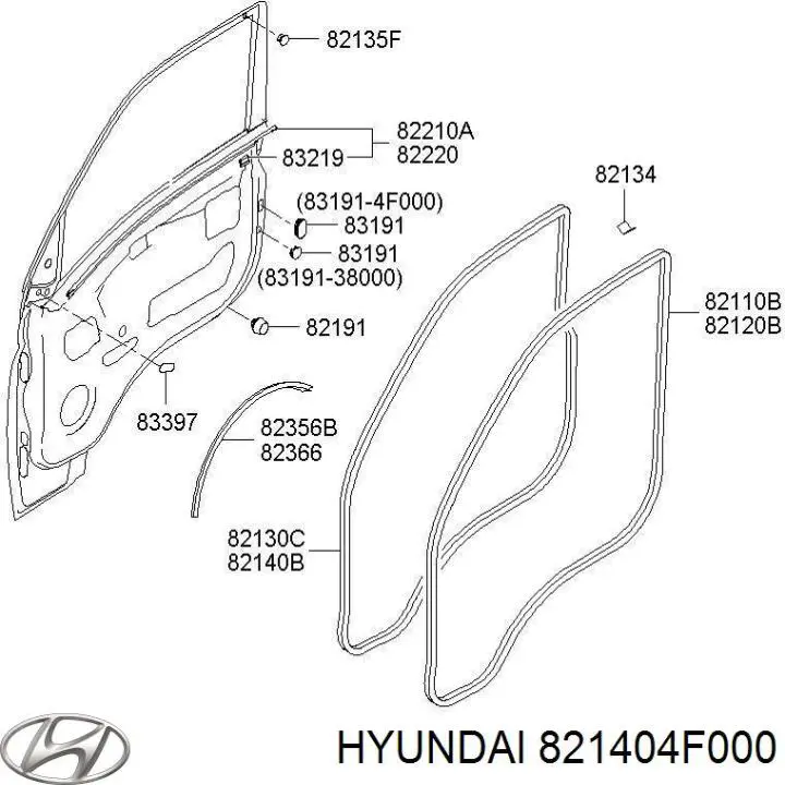821404F000 Hyundai/Kia уплотнитель двери передней правой (на двери)