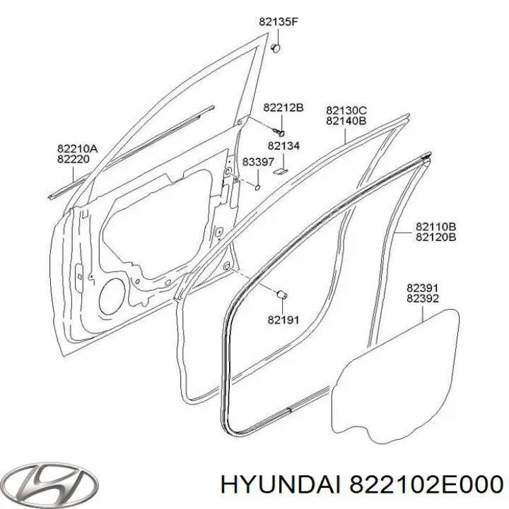 822102E000 Hyundai/Kia moldura de vidro deslizante da porta dianteira esquerda