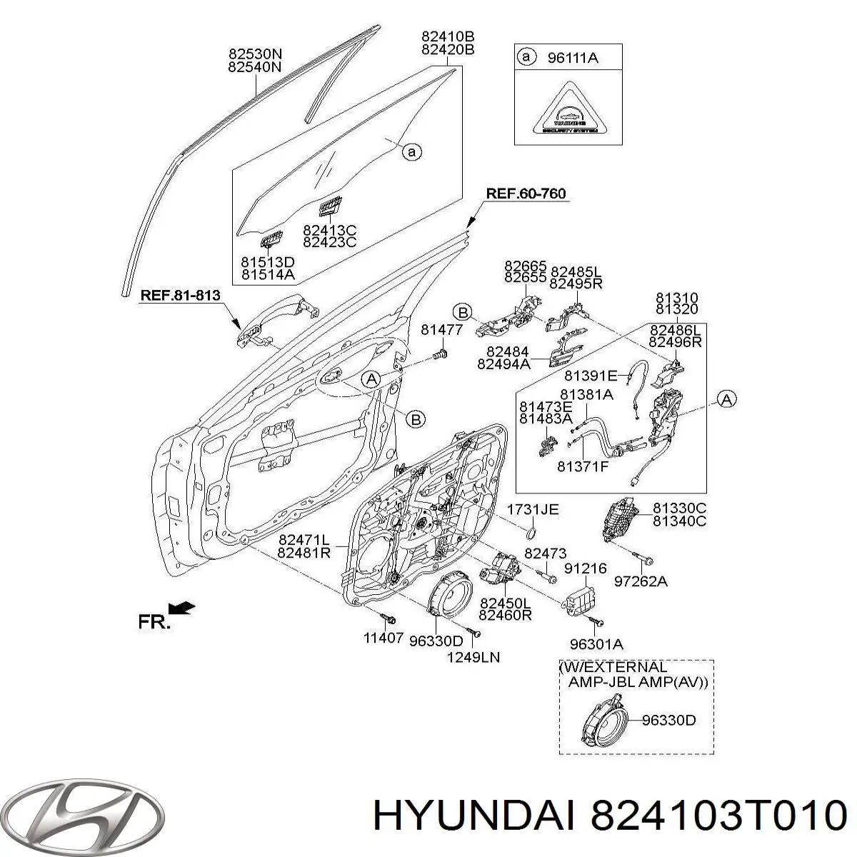 824103T010 Hyundai/Kia vidro da porta dianteira esquerda