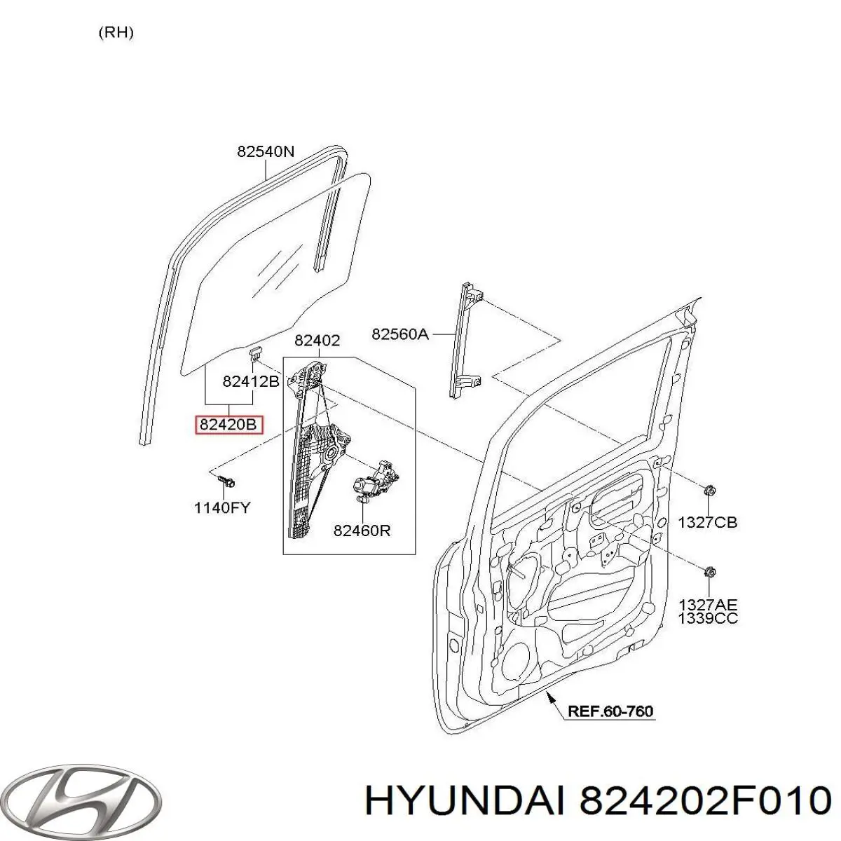 824202F010 Hyundai/Kia vidro da porta dianteira direita