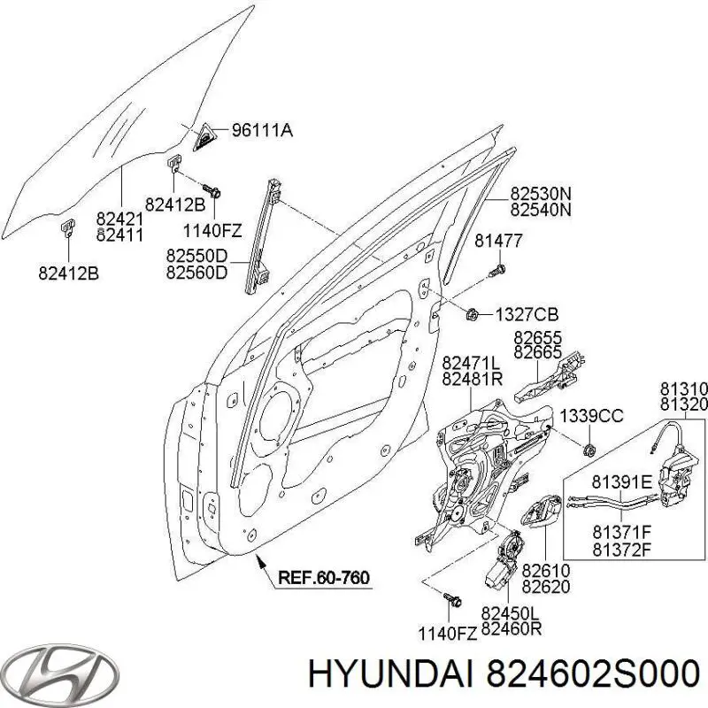 824602S000 Hyundai/Kia mecanismo de acionamento de vidro da porta dianteira direita