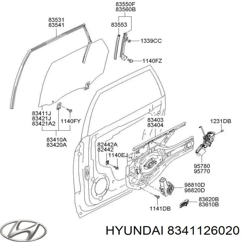 Стекло двери задней левой 8341126020 Hyundai/Kia