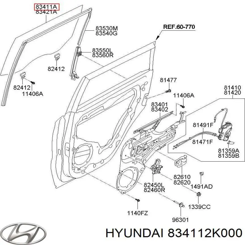 834112K000 Hyundai/Kia vidro da porta traseira esquerda