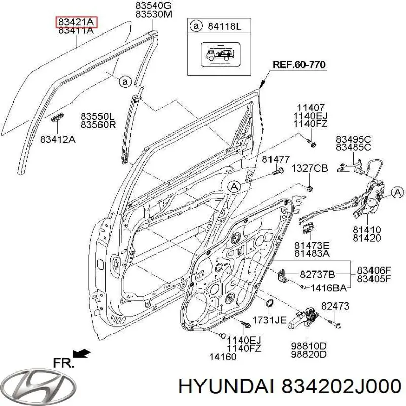 834202J000 Hyundai/Kia vidro da porta traseira direita