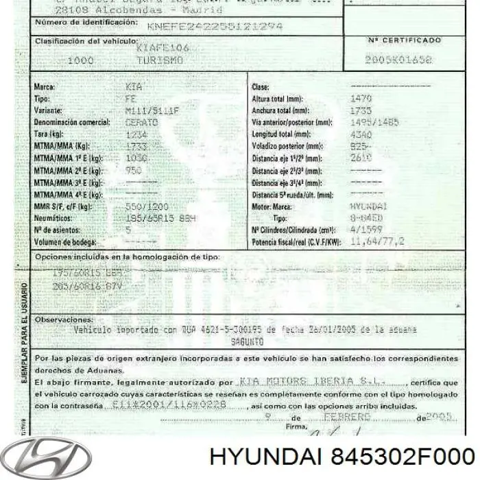 Подушка безопасности пассажира 845302F000 Hyundai/Kia