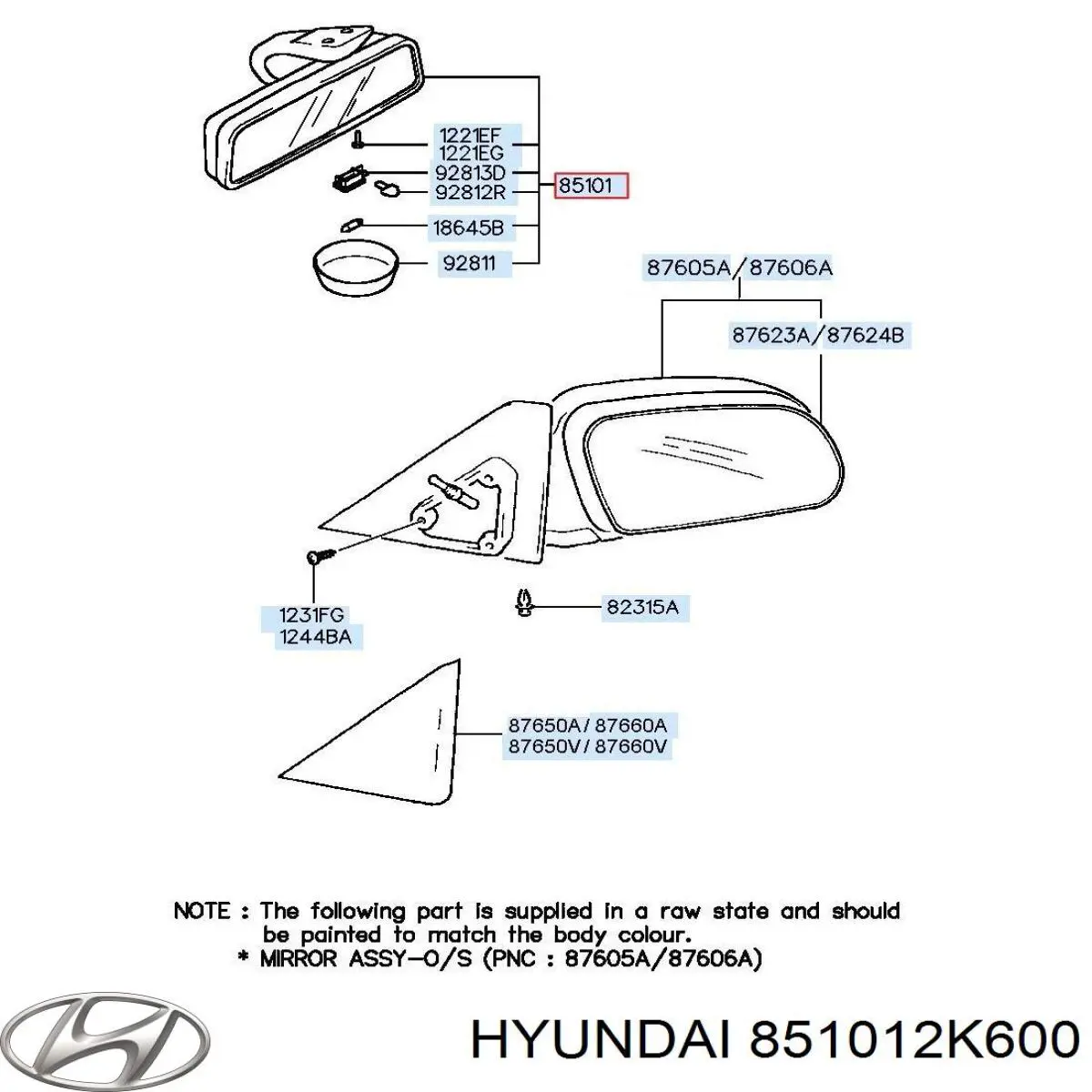 851012K600 Hyundai/Kia espelho de salão interno