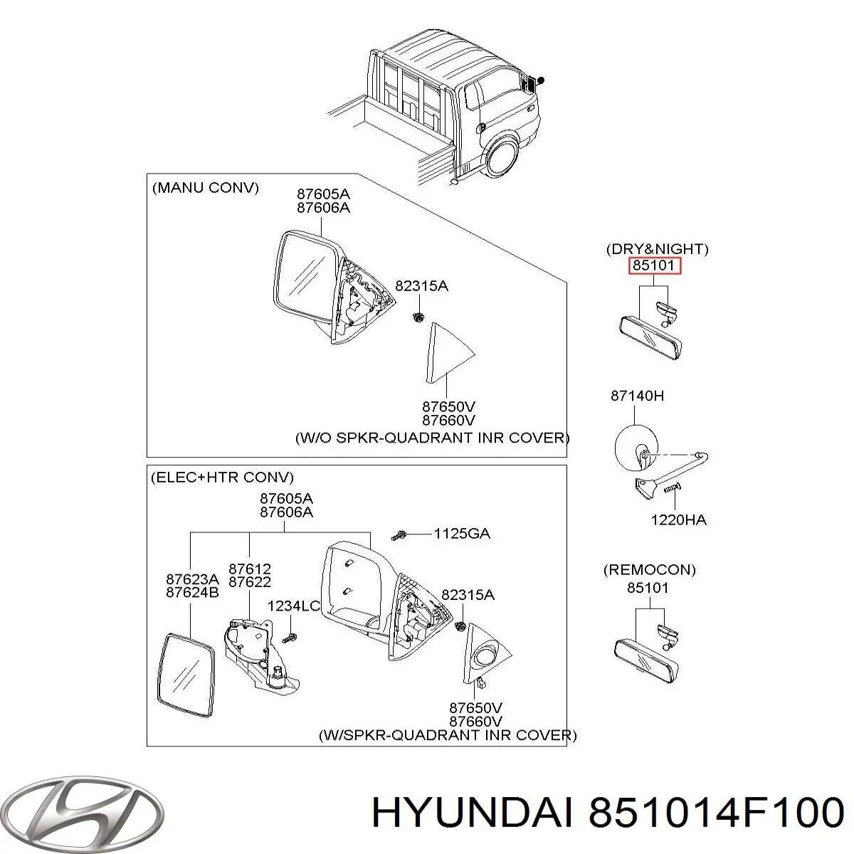 Espelho de salão interno para Hyundai H100 