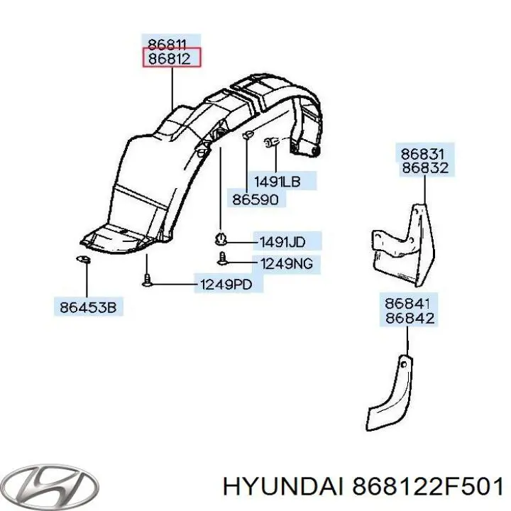 868122f501 Hyundai/Kia guarda-barras direito do pára-lama dianteiro