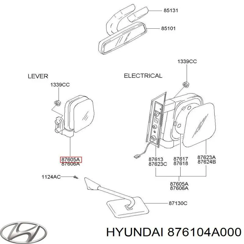 Левое боковое зеркало 876104A000 Hyundai/Kia