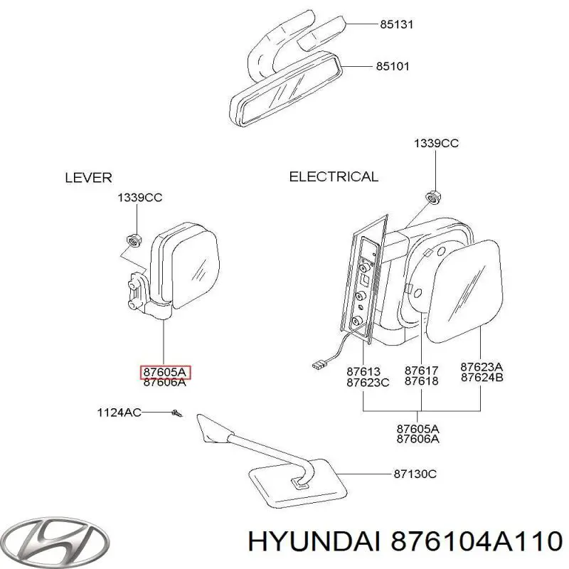 Зеркало заднего вида, левое Hyundai/Kia 876104A110 цена, от 57.01 USD