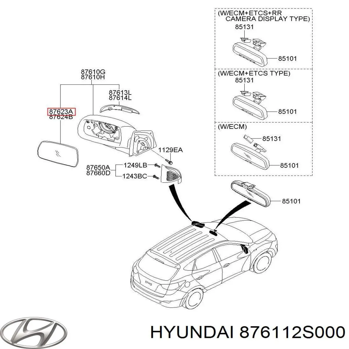 876112S200 Hyundai/Kia зеркальный элемент зеркала заднего вида левого