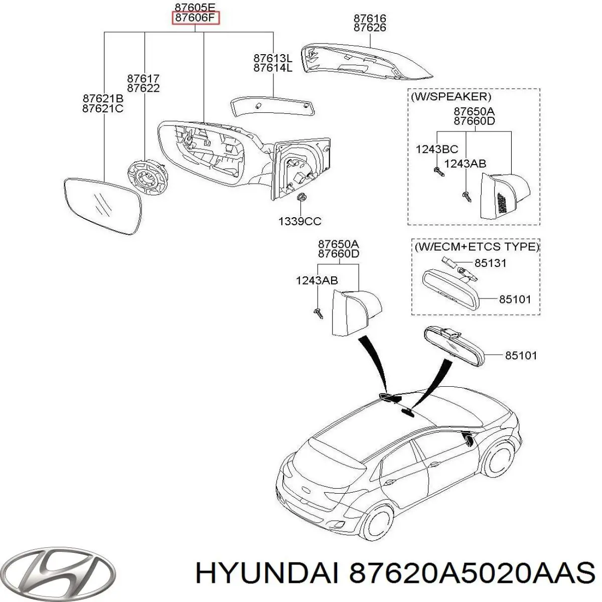 87620-A5020AAS Hyundai/Kia espelho de retrovisão direito