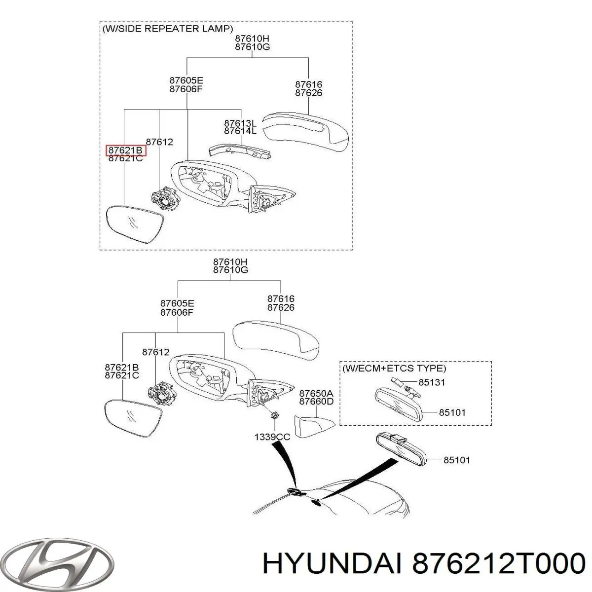 Стекло зеркала заднего вида, правого Hyundai/Kia 876212T000 цена, от 41.58 USD