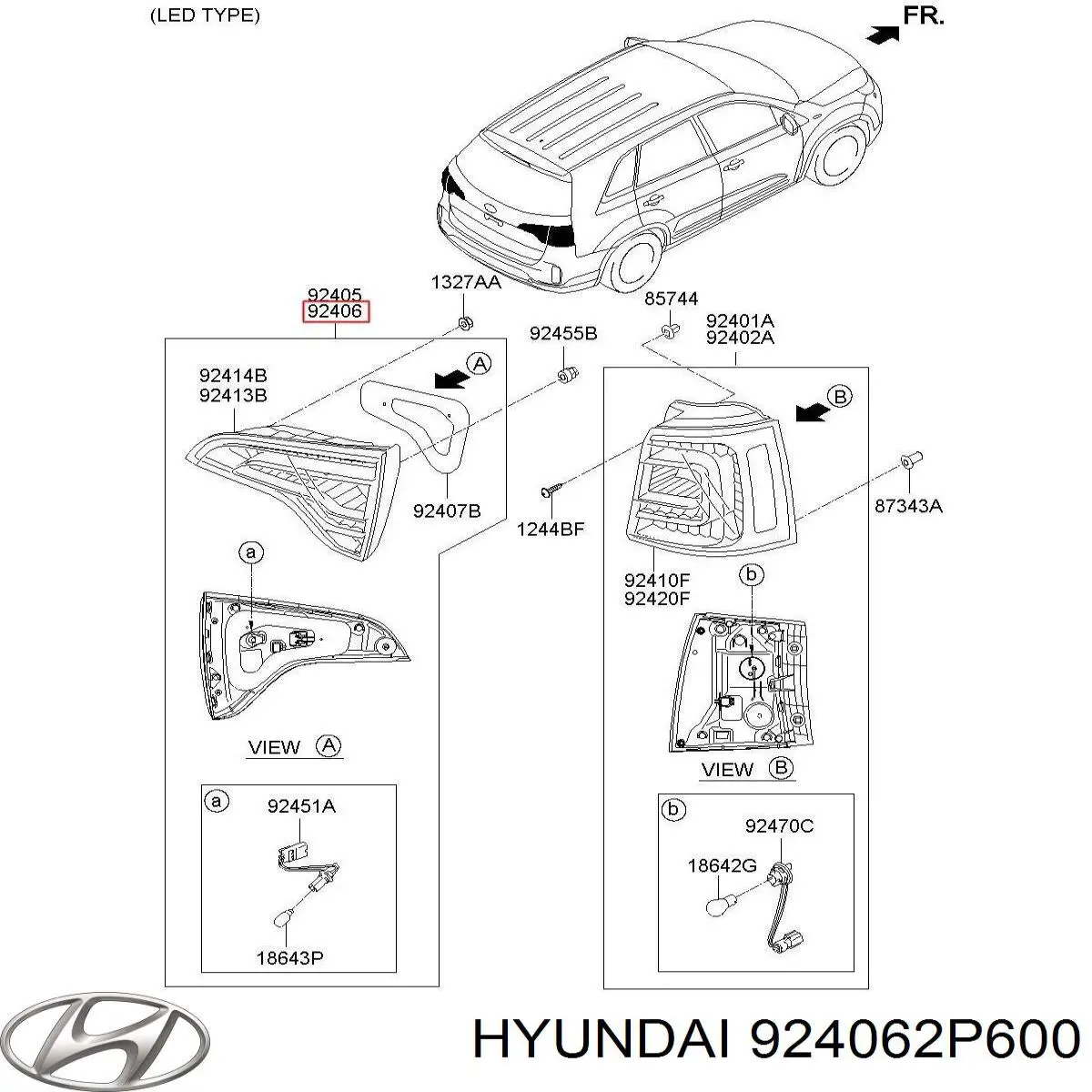 Фонарь задний правый внутренний HYUNDAI 924062P600