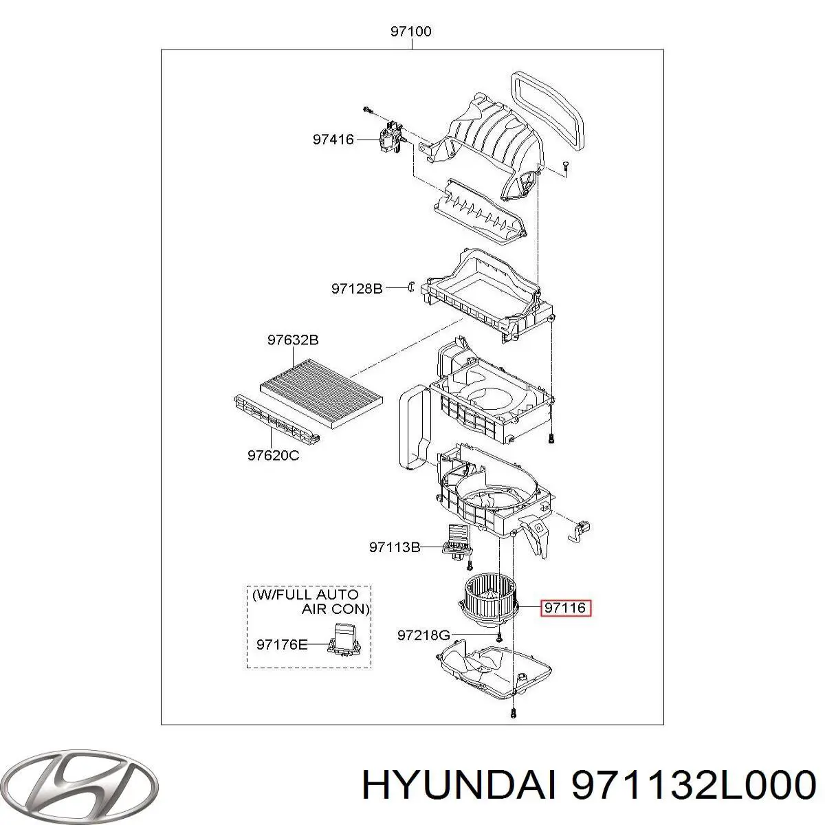 Мотор вентилятора печки (отопителя салона) Hyundai/Kia 971132L000