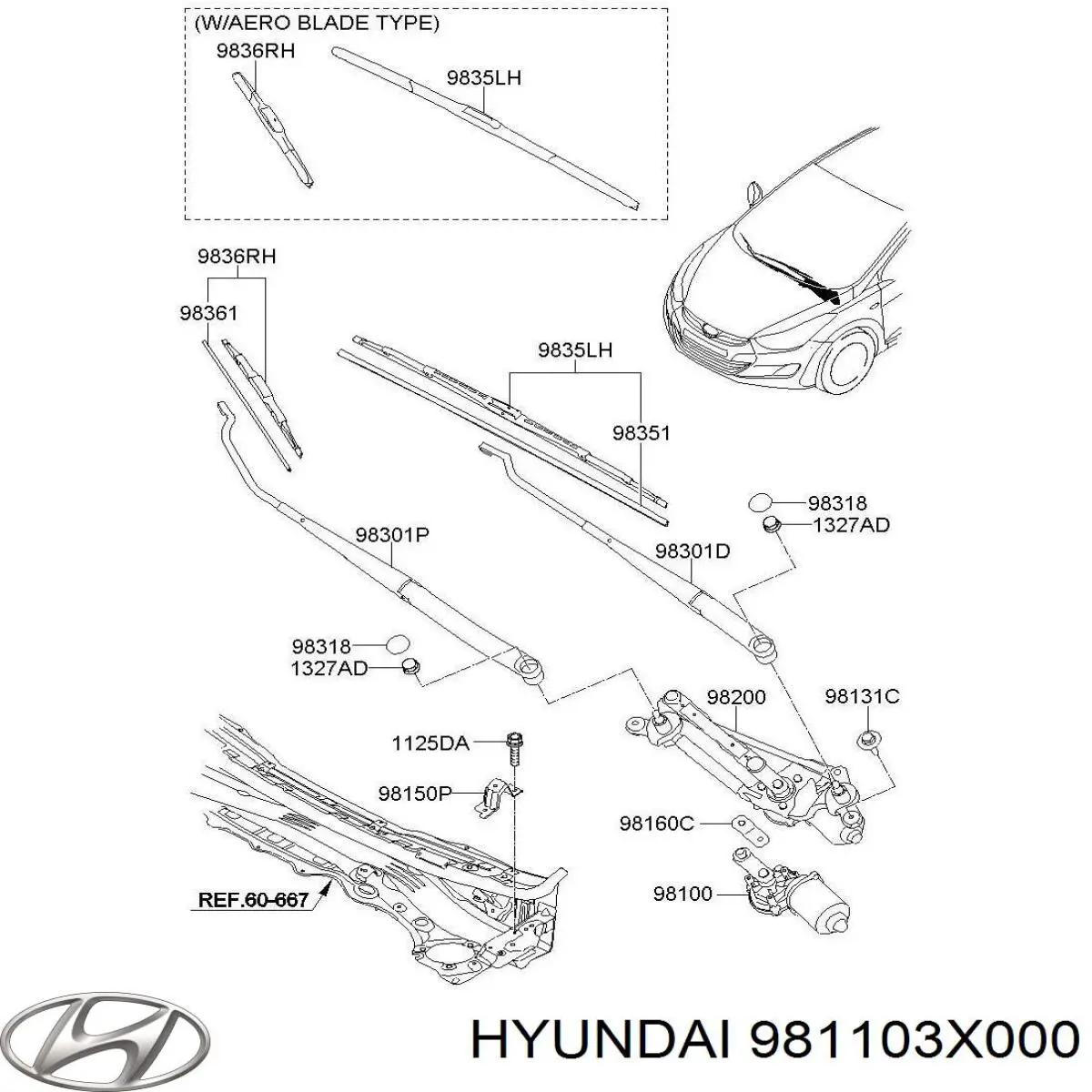Мотор стеклоочистителя лобового стекла Hyundai/Kia 981103X000