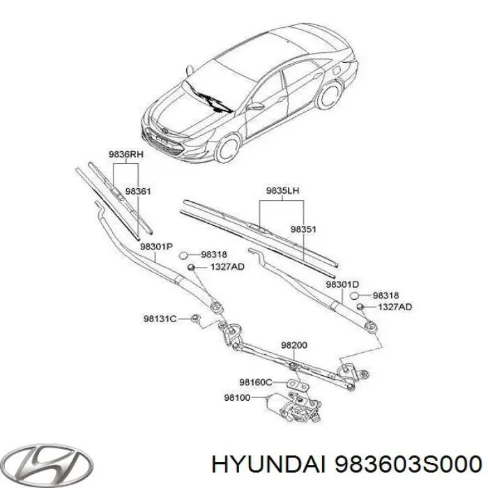 Щетка-дворник лобового стекла пассажирская Hyundai/Kia 983603S000