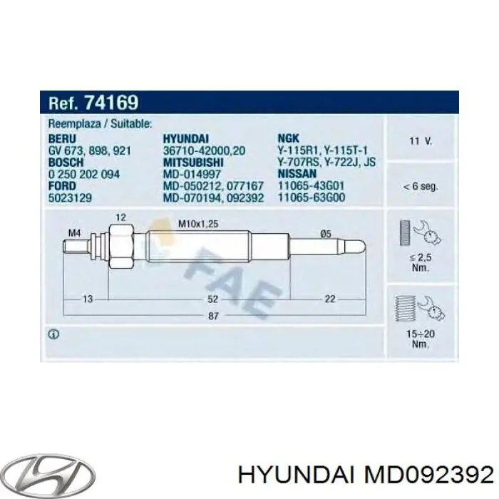 Свечи накала MD092392 Hyundai/Kia