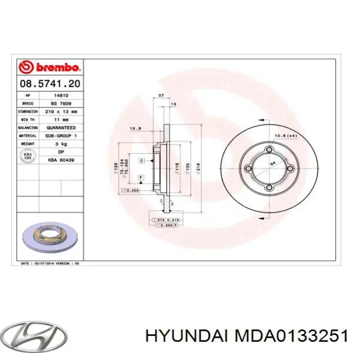 Передние тормозные диски MDA0133251 Hyundai/Kia