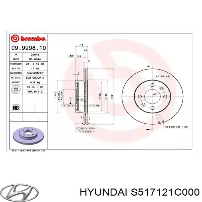 Купить S517121C000 Hyundai/Kia Ротор тормозной