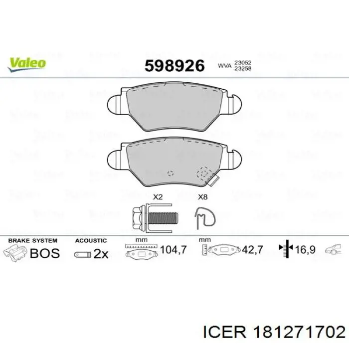 Задние тормозные колодки 181271702 Icer
