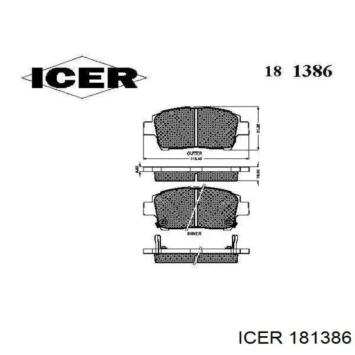 Колодки гальмівні передні, дискові 181386 Icer