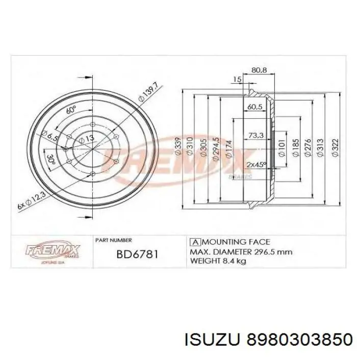 Тормозной барабан 8980303850 Isuzu