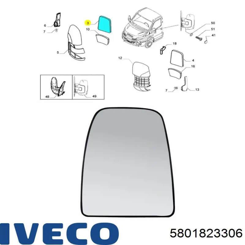 5801823306 Iveco elemento espelhado do espelho de retrovisão direito