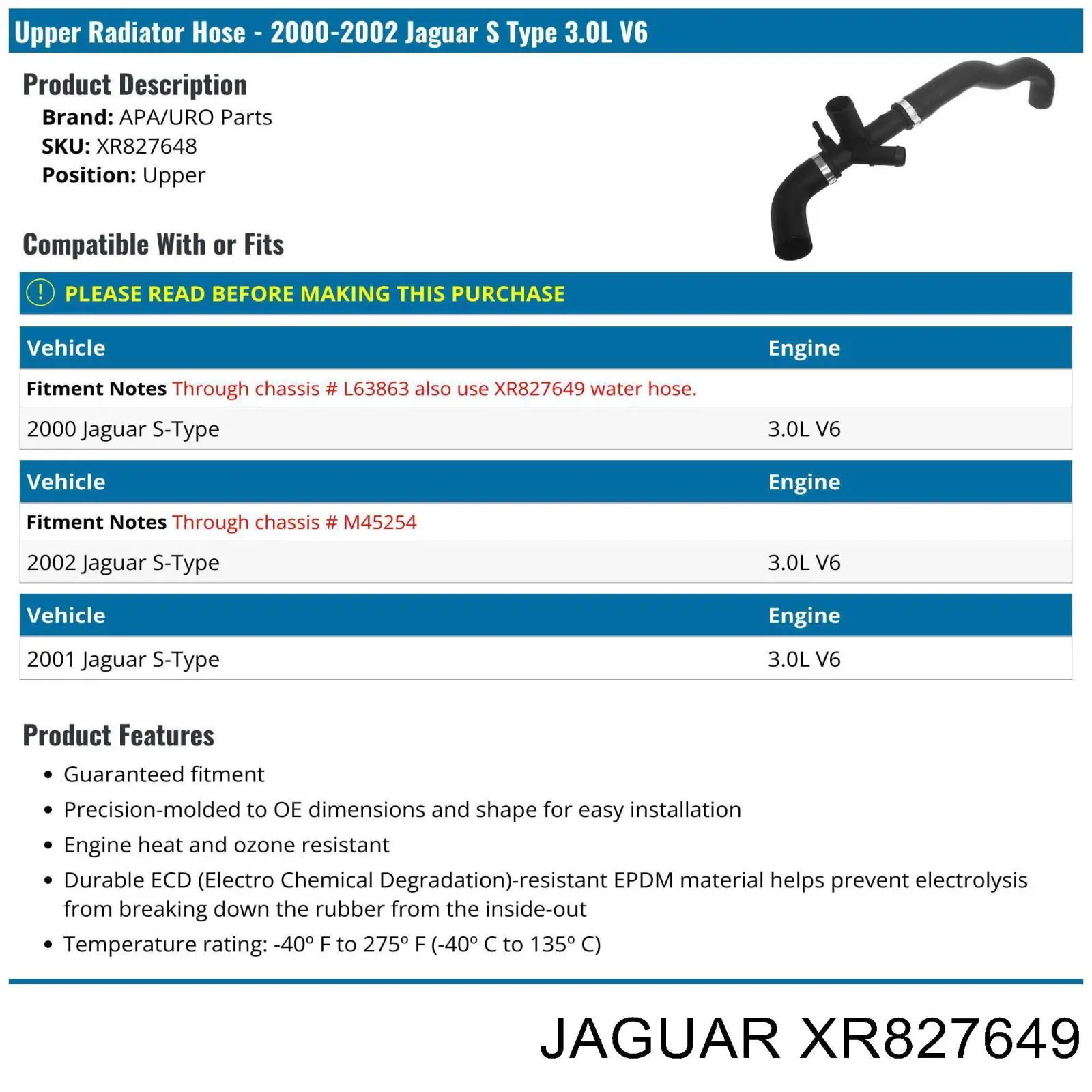 Патрубок радиатора XR827649 Jaguar