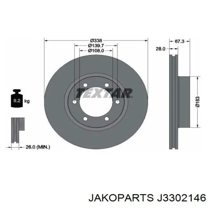 Freno de disco delantero J3302146 Jakoparts