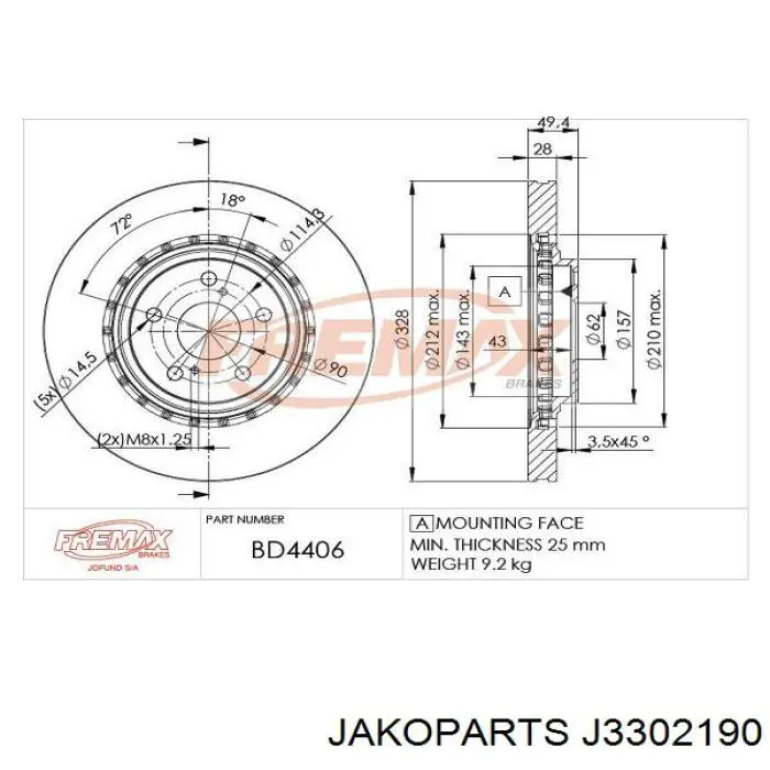 Передний тормозной диск Jakoparts J3302190