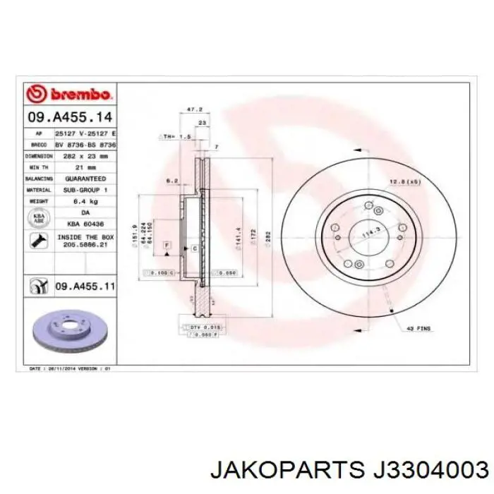 J3304003 Jakoparts Диск тормозной передний