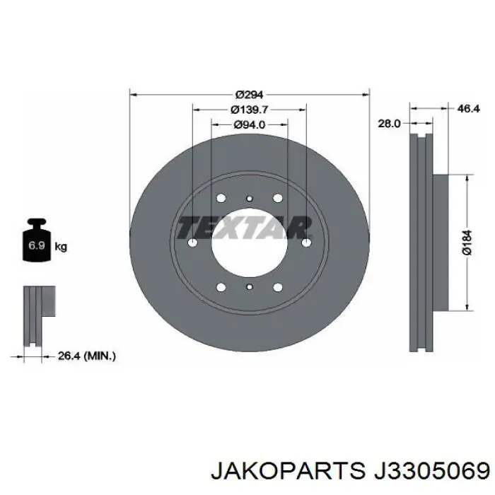 Тормоз дисковый передний Jakoparts J3305069 цена, от 37.41 USD