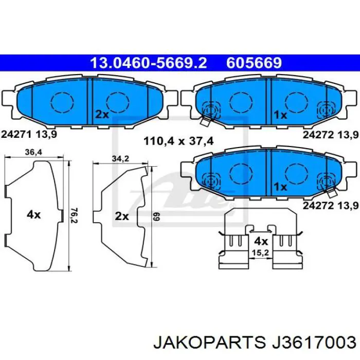 Колодки дисковые  Jakoparts J3617003 цена, от 15.16 USD