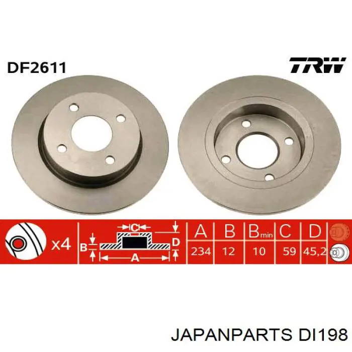 Передние тормозные диски DI198 Japan Parts