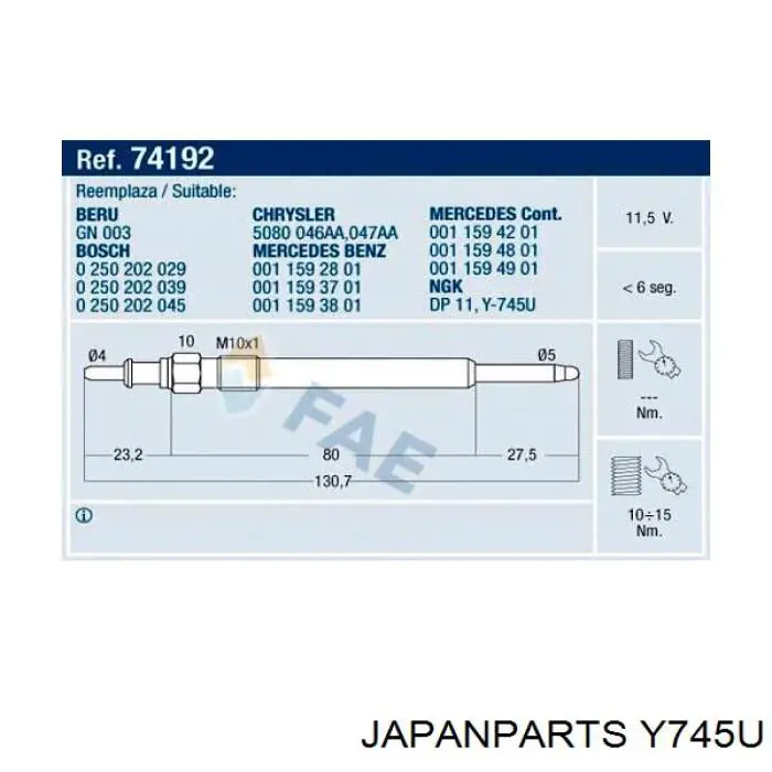 Y745U Japan Parts свечи накала