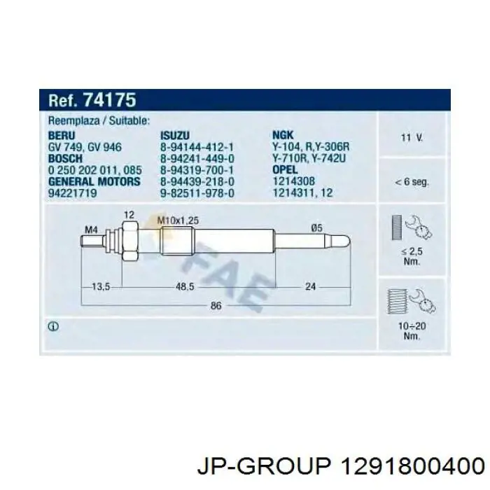 Свечи накала 1291800400 JP Group