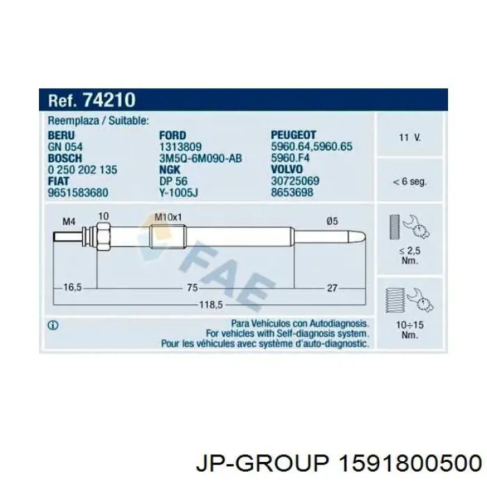 Свечи накала JP Group 1591800500 цена, от 7.06 USD