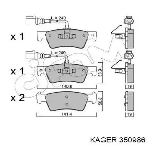 Задние тормозные колодки 350986 Kager