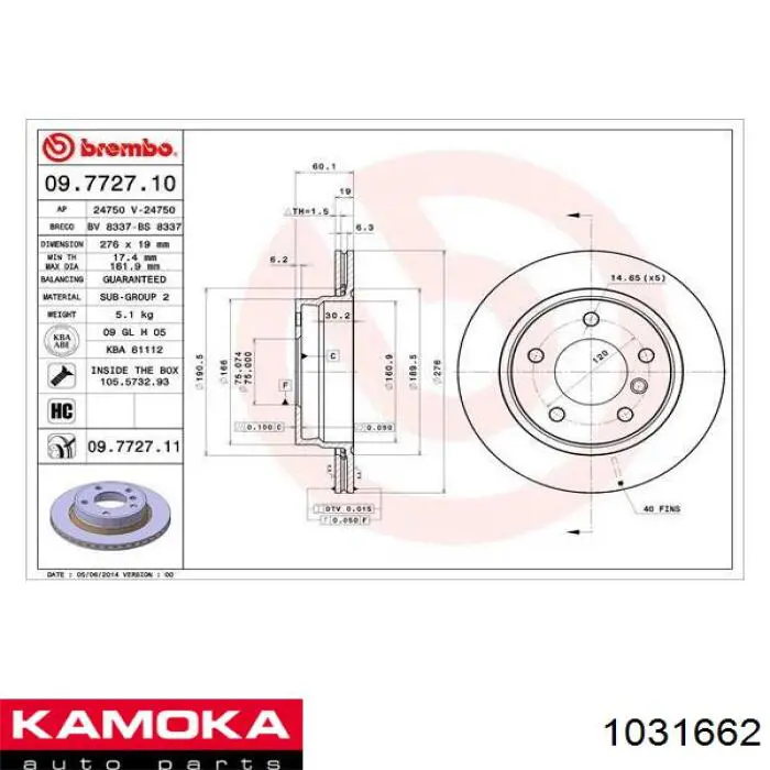 Disco de freno trasero 1031662 Kamoka
