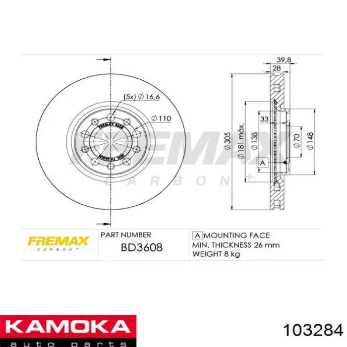Передние тормозные диски 103284 Kamoka