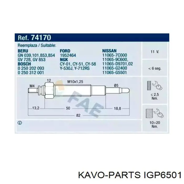 Купить IGP6501 Kavo Parts Свечи накала