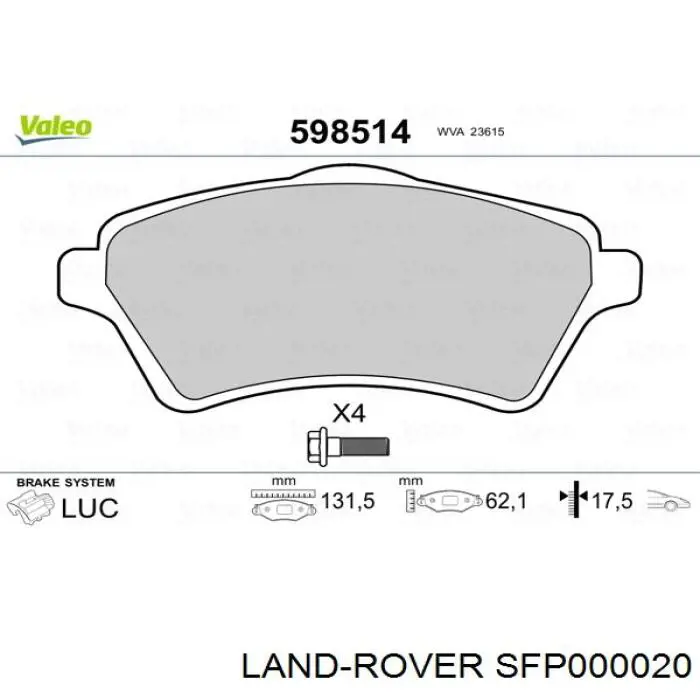 Передние тормозные колодки SFP000020 Land Rover