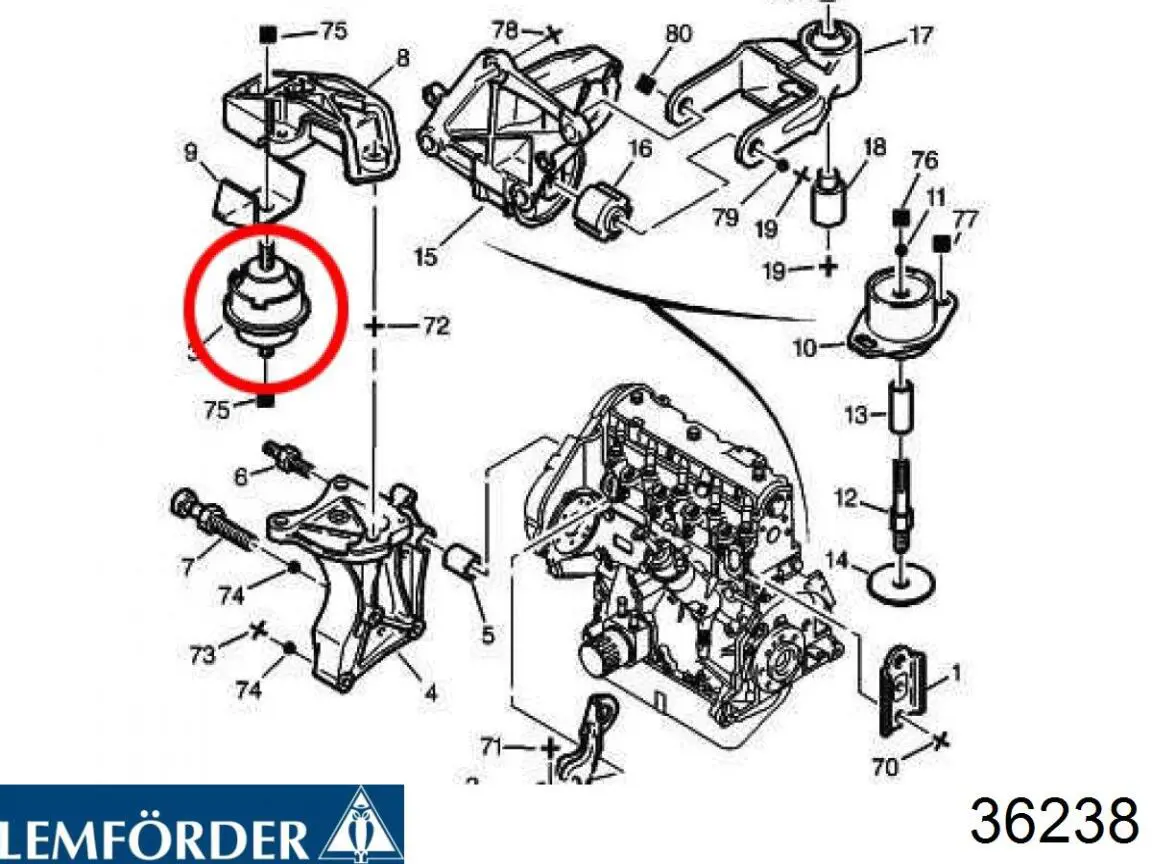 Подушка (опора) двигуна, права 36238 Lemforder