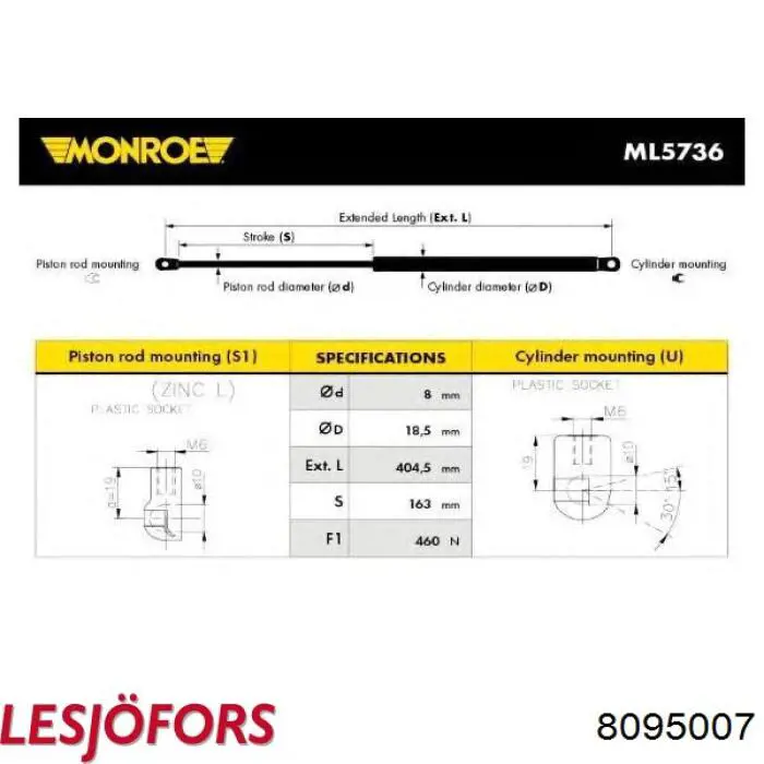 Амортизатор капота газовый Lesjofors 8095007 цена, от 13.15 USD